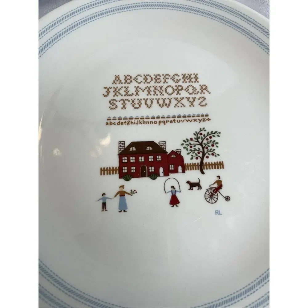 Two Ralph Lauren 7.75” Wedgwood Sampler Plates Americana Alphabet Cross Stitch